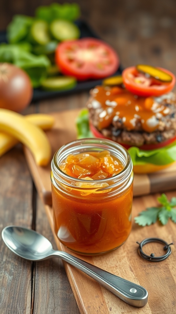 A jar of sweet onion jam next to a burger topped with the jam, on a rustic table with fresh ingredients.